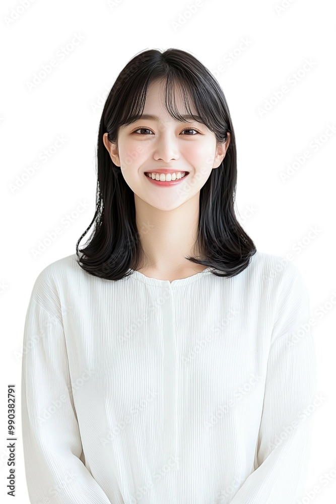 Elegant Young Woman with Short Black Hair in White Blouse Elegant Young Woman with Short Black Hair in White Blouse