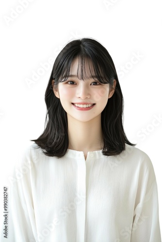 Elegant Young Woman with Short Black Hair in White Blouse