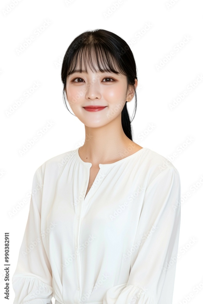 Elegant Young Woman with Short Black Hair in White Blouse Elegant Young Woman with Short Black Hair in White Blouse