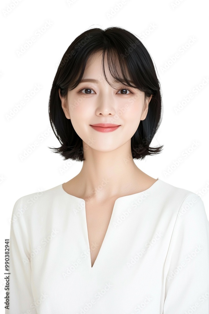 Elegant Young Woman with Short Black Hair in White Blouse Elegant Young Woman with Short Black Hair in White Blouse