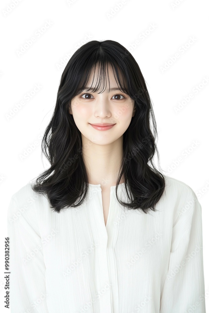 Elegant Young Woman with Short Black Hair in White Blouse Elegant Young Woman with Short Black Hair in White Blouse
