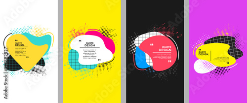 Vector illustration. Abstract liquid shape banner set. Design element for flyer, voucher, leaflet, coupon. Pop art colorful fluid blots with geometric grid and halftone dots texture. Modern graphic