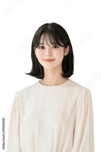 Elegant Young Woman with Short Black Hair in White Blouse