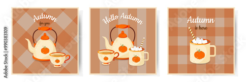 Hello Autumn. Set of fall cards with teapot, cup of tea and mug of cocoa with marshmallow on warm plaid background. Vector illustration