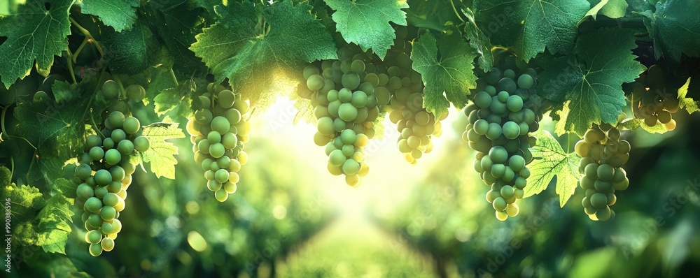 Naklejka premium Green grapes hanging from a vine, sunlight shining through leaves.