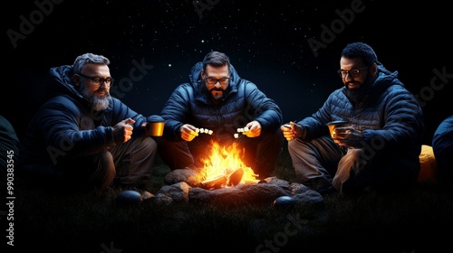 Campfire Camaraderie: Three friends huddle around a crackling campfire, sharing stories and warmth under a starry sky. The scene evokes a sense of connection, comfort, and adventure, perfect 