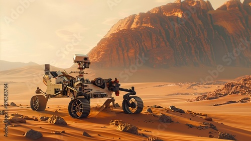 A Mars rover with two wheels and a lander on the surface of Mars, surrounded by desert dunes. In the background is a tall mountain range in orange sandstone. photo