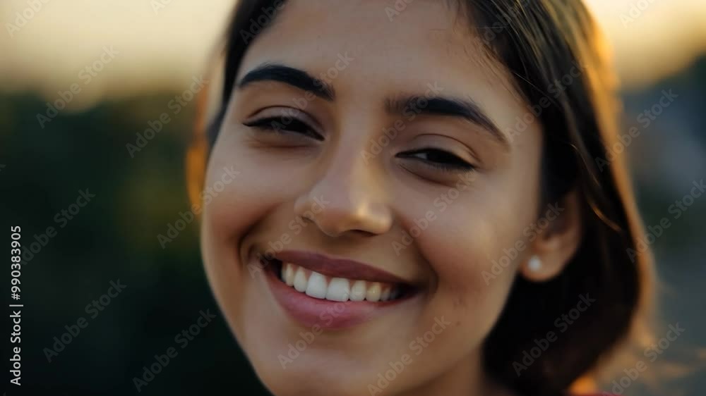 A young woman's joyful expression captures the beauty of the moment as she enjoys the warm, golden light during the evening. Her smile radiates positivity A young woman's joyful expression captures the beauty of the moment as she enjoys the warm, golden light during the evening. Her smile radiates positivity