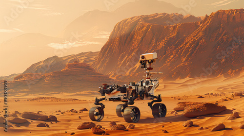 A Mars rover with two wheels and a lander on the surface of Mars, surrounded by desert dunes. In the background is a tall mountain range in orange sandstone. photo