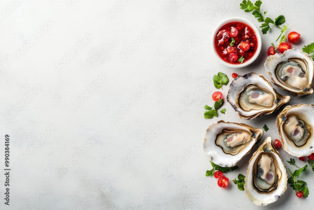 Fresh oysters on the half shell served with tangy mignonette sauce for a seafood feast