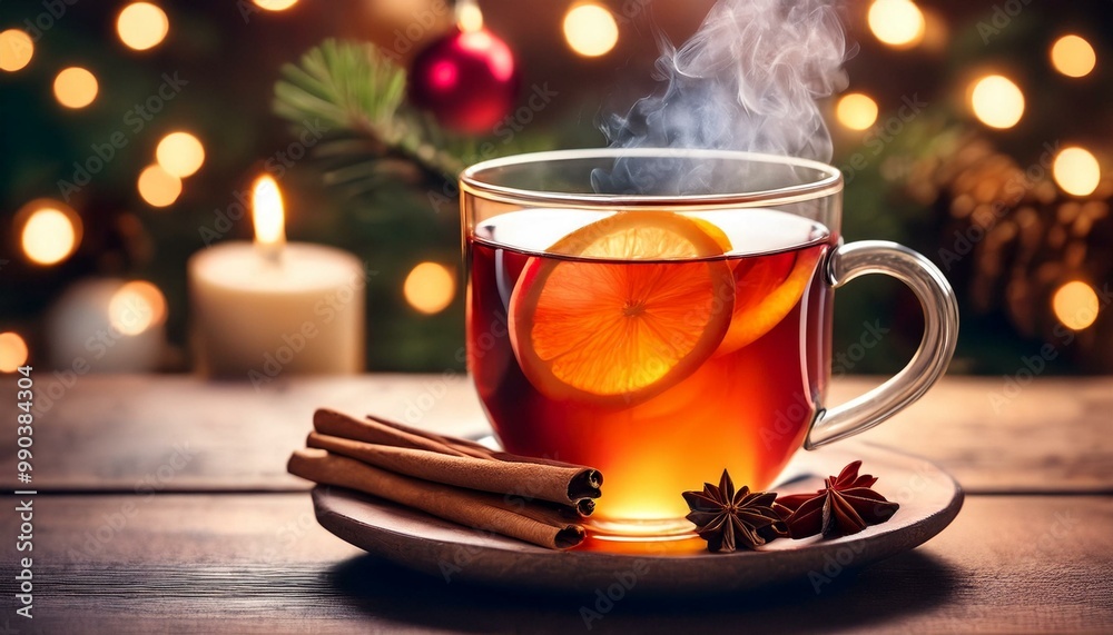 A steaming cup of holiday tea with cinnamon sticks, cloves, and a slice of orange, set against a cozy background, capturing the warmth and festive spirit of the season A steaming cup of holiday tea with cinnamon sticks, cloves, and a slice of orange, set against a cozy background, capturing the warmth and festive spirit of the season
