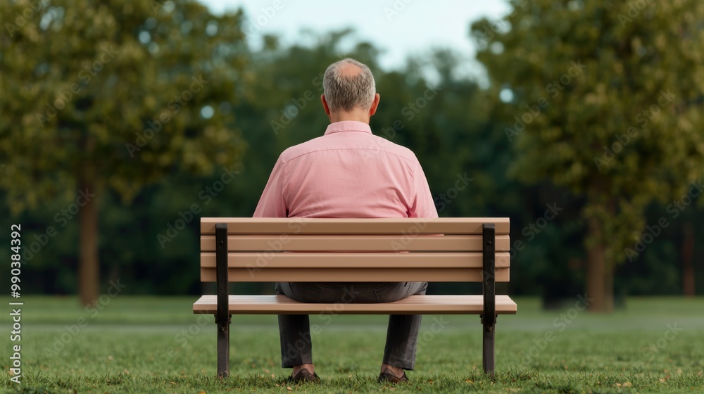 Fototapeta premium Man Sitting Alone on Park Bench in Tranquil Setting