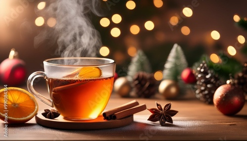 A steaming cup of holiday tea with cinnamon sticks, cloves, and a slice of orange, set against a cozy background, capturing the warmth and festive spirit of the season