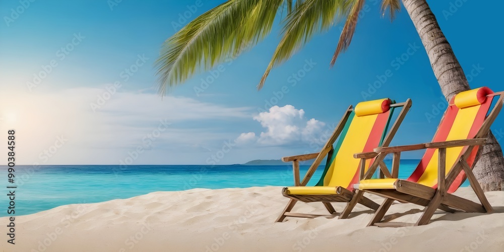 Bright blue sea, white sandy beach, clear sky and chairs. Summer beach holiday activity concept Bright blue sea, white sandy beach, clear sky and chairs. Summer beach holiday activity concept