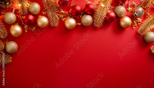 Bright red background adorned with golden garlands and shiny baubles, creating a festive mood that captures the essence of Christmas celebrations with vibrant colors and elegance.