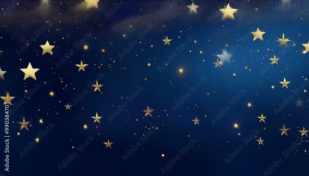 Fototapeta premium Navy blue background with a soft gradient and twinkling golden stars, evoking a sense of calm and wonder, perfect for a peaceful night or festive setting
