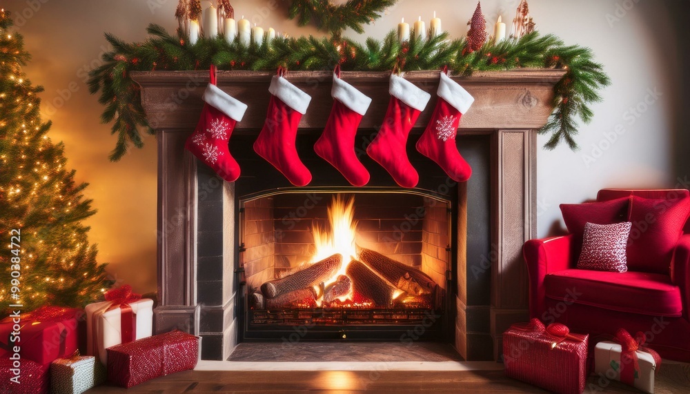 Red Christmas stockings hanging above a glowing fireplace, surrounded by holiday decorations and twinkling lights, creating a warm and festive atmosphere Red Christmas stockings hanging above a glowing fireplace, surrounded by holiday decorations and twinkling lights, creating a warm and festive atmosphere