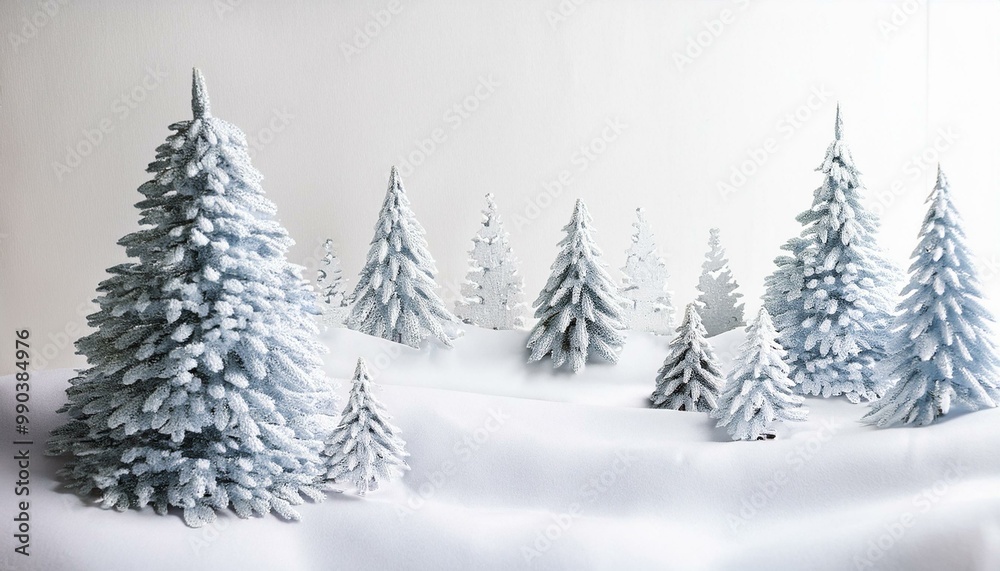 White background with a hand-painted winter forest motif, featuring Christmas trees and snow, creating a serene and festive holiday scene White background with a hand-painted winter forest motif, featuring Christmas trees and snow, creating a serene and festive holiday scene