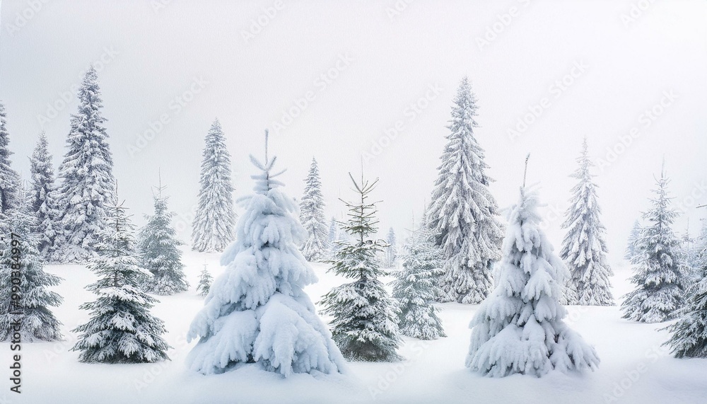 White background with a hand-painted winter forest motif, featuring Christmas trees and snow, creating a serene and festive holiday scene White background with a hand-painted winter forest motif, featuring Christmas trees and snow, creating a serene and festive holiday scene