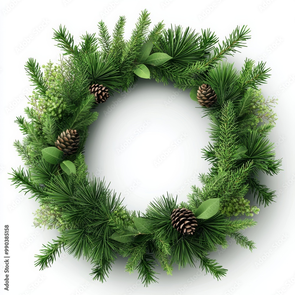 A botanical wreath made of green pine needles and small pinecones, minimalistic nature design, digital illustration, isolated on white background A botanical wreath made of green pine needles and small pinecones, minimalistic nature design, digital illustration, isolated on white background