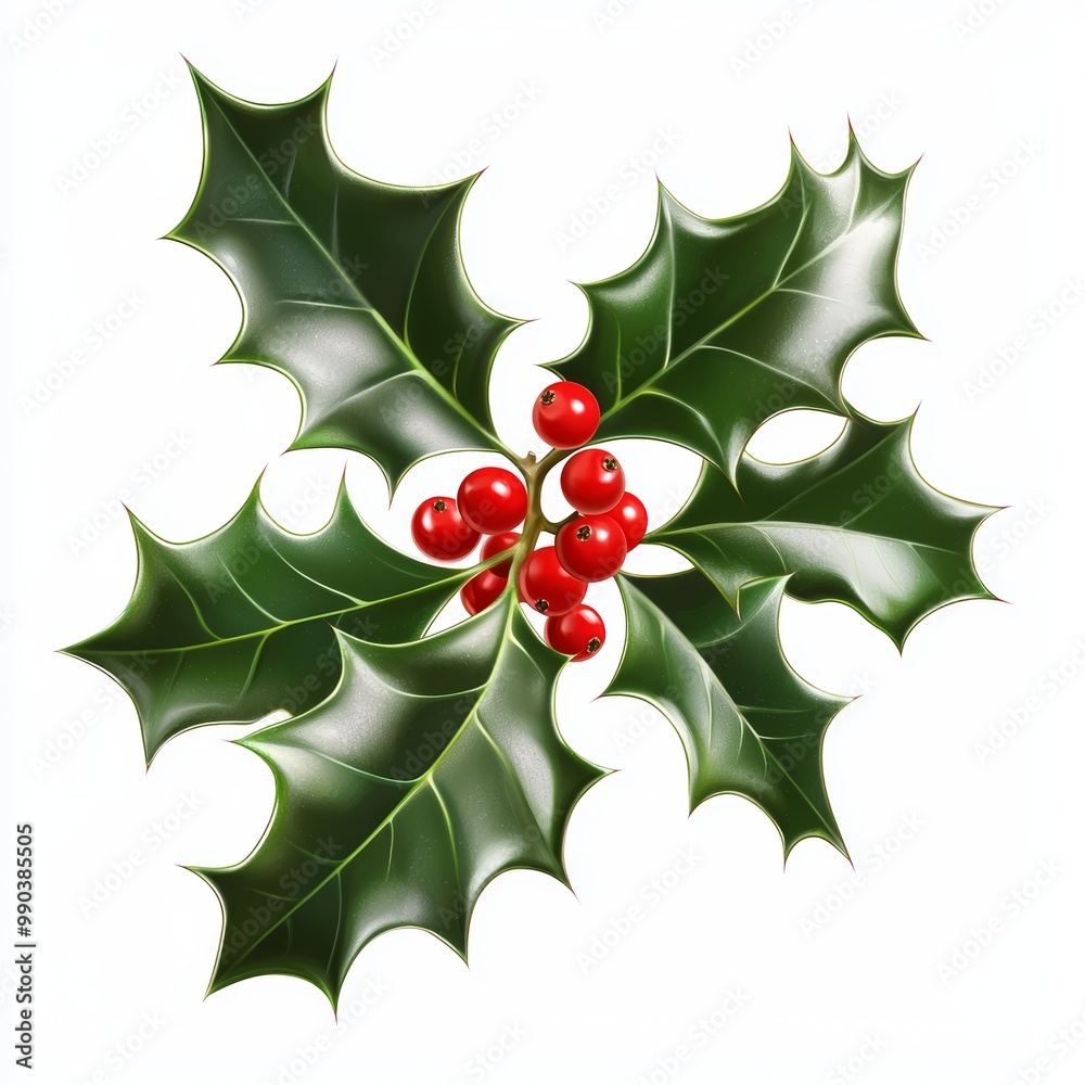 A close-up of a holly branch, shiny leaves with jagged edges and red berries, hyper-realistic rendering, isolated on white background A close-up of a holly branch, shiny leaves with jagged edges and red berries, hyper-realistic rendering, isolated on white background
