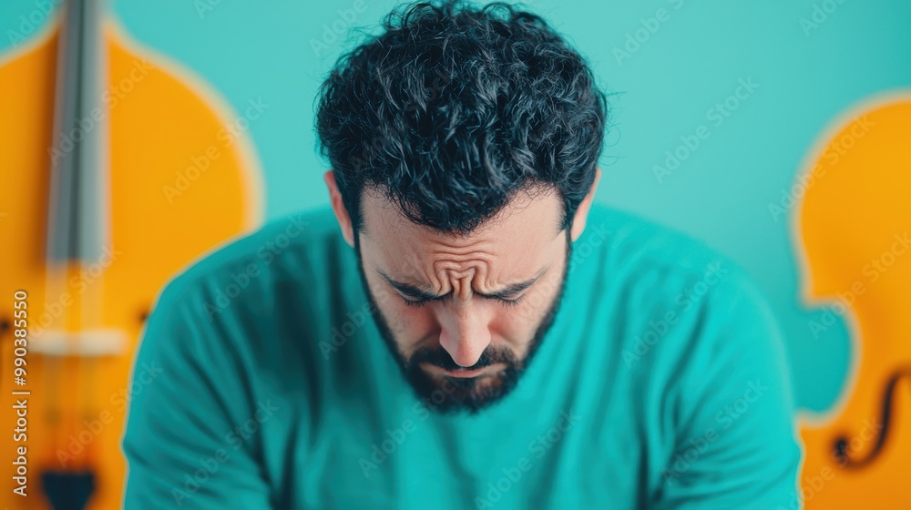 Emotional man in a turquoise room with violins Emotional man in a turquoise room with violins