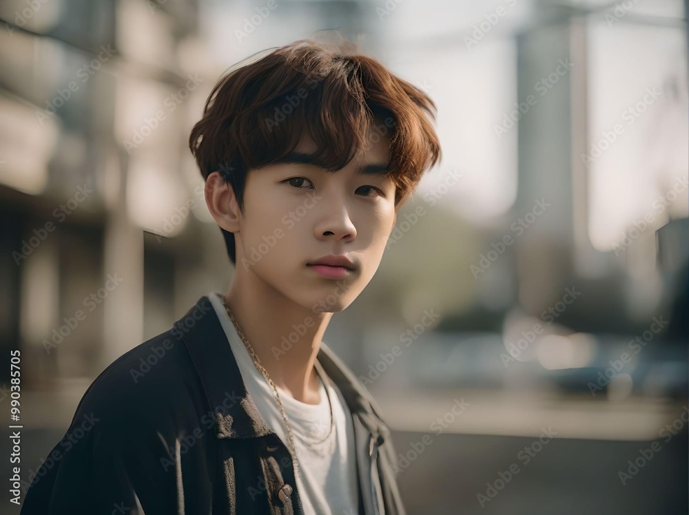 Good-looking Young Asian Man Looking at Camera with Trendy Hairstyle and Outfits Portrait with Bokeh City Background Good-looking Young Asian Man Looking at Camera with Trendy Hairstyle and Outfits Portrait with Bokeh City Background