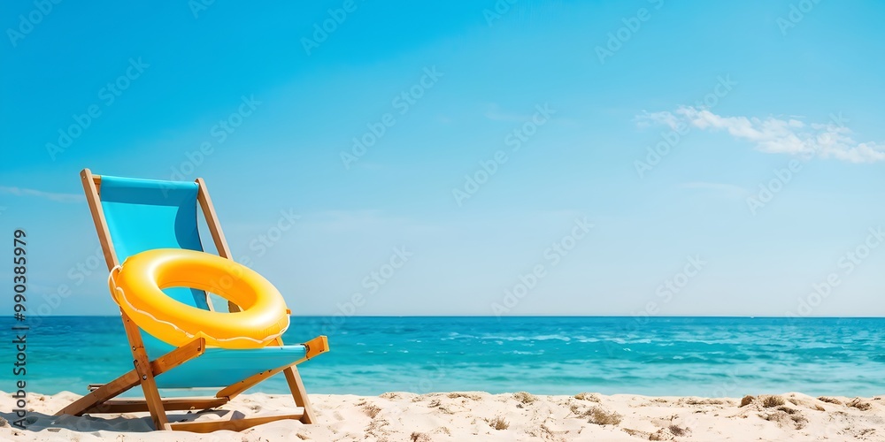 Bright blue sea, white sandy beach, clear sky, rubber ring and chairs. Summer beach holiday activity concept Bright blue sea, white sandy beach, clear sky, rubber ring and chairs. Summer beach holiday activity concept