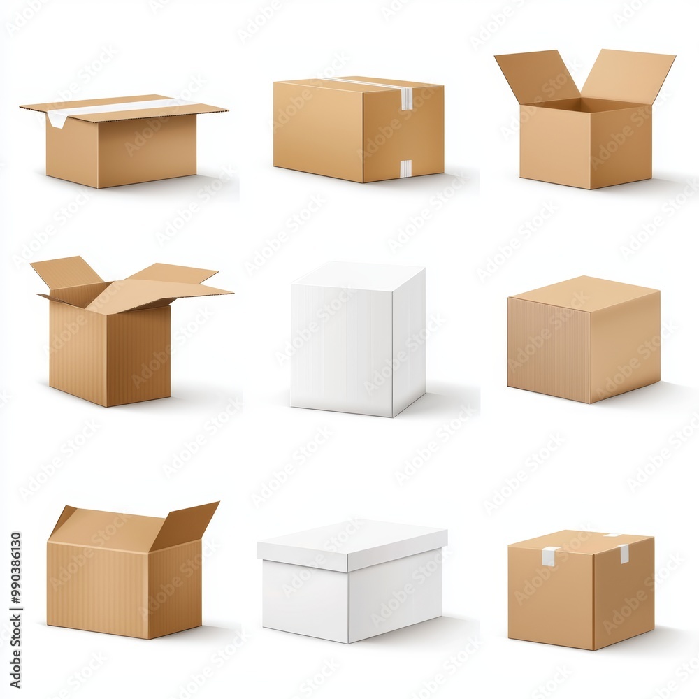 A detailed set of cardboard boxes, different sizes and shapes, realistic packaging illustration, isolated on white background A detailed set of cardboard boxes, different sizes and shapes, realistic packaging illustration, isolated on white background