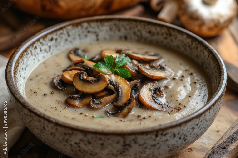 Rustic mushroom soup served in a ceramic bowl with fresh herbs and sliced mushrooms Rustic mushroom soup served in a ceramic bowl with fresh herbs and sliced mushrooms
