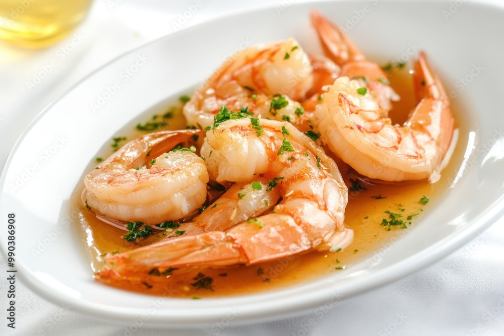 Sautéed shrimp in a light sauce served on a white plate with fresh herbs and herbs garnish Sautéed shrimp in a light sauce served on a white plate with fresh herbs and herbs garnish