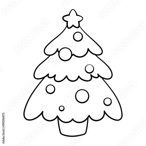 Christmas tree line art illustration, pine tree isolated on white background. For printable children's and adults coloring page or book, kids toddler activity.