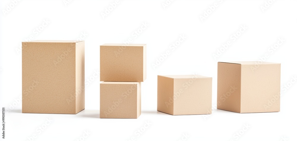 Obraz premium A group of five cardboard boxes in various sizes, minimalistic packaging design, clean and modern look, isolated on white background
