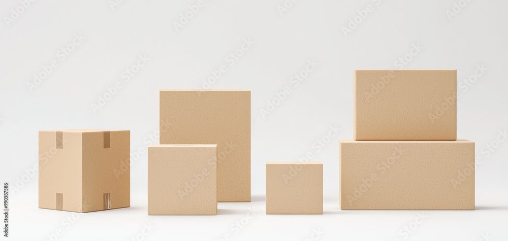 A group of five cardboard boxes in various sizes, minimalistic packaging design, clean and modern look, isolated on white background A group of five cardboard boxes in various sizes, minimalistic packaging design, clean and modern look, isolated on white background