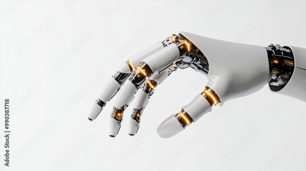 A high-tech robotic hand with sleek components and glowing lights, ultra-modern mechanical engineering, 3D visualization, isolated on white background A high-tech robotic hand with sleek components and glowing lights, ultra-modern mechanical engineering, 3D visualization, isolated on white background