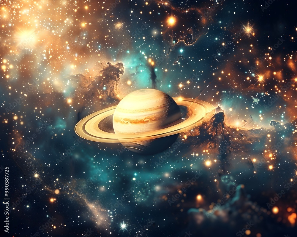 Naklejka premium Glowing Jewel Planet in Cosmic Starry Crown Concept Artwork
