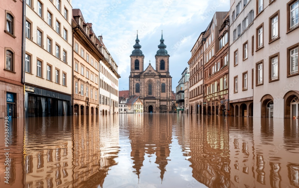 Fototapeta premium A historic city square with a cathedral surrounded by rising floodwaters