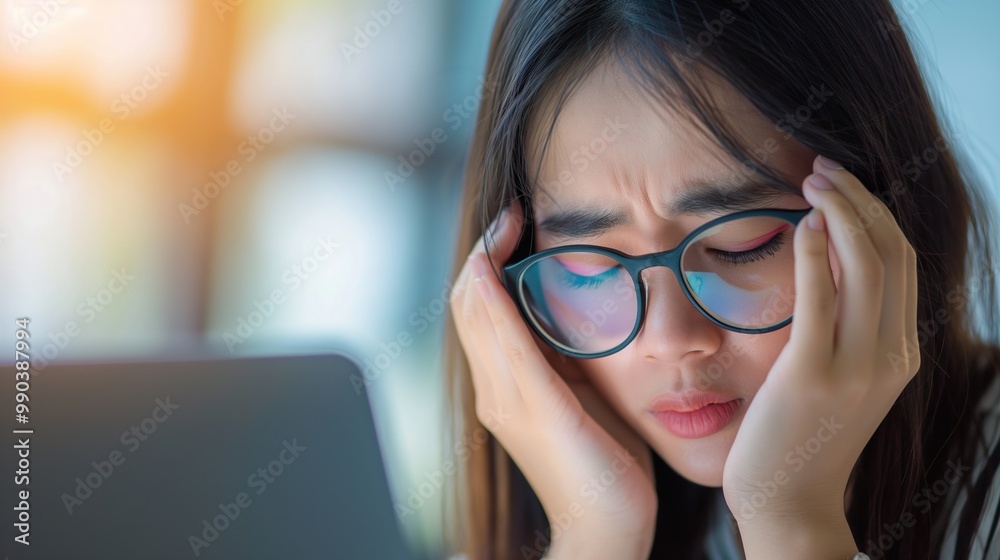 Asian Young Woman Suffering from Eye Strain and Fatigue After Prolonged Screen Time Asian Young Woman Suffering from Eye Strain and Fatigue After Prolonged Screen Time