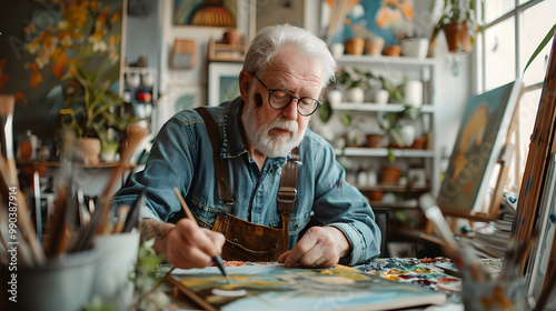 Makers gonna make. Shot of a senior man working on a painting at home