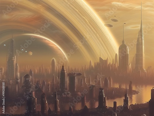 Futuristic Cityscape with Saturn s Rings in the Skies photo