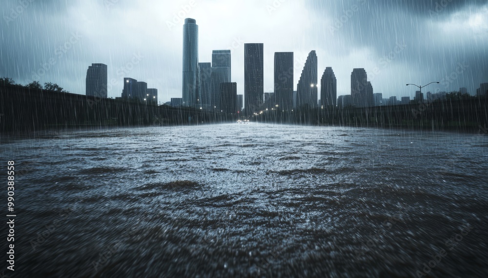 A modern city skyline under heavy rain, with rising floodwaters on the ...
