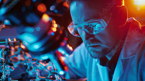 Scientist in lab coat holding molecular model of serotonin receptor, with microscope and scientific instruments。 photo