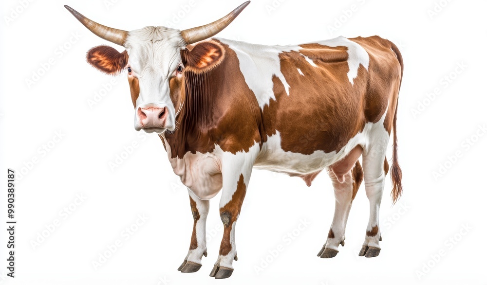 A photorealistic cow, brown and white pattern, classic livestock animal pose, neutral expression, isolated on white background A photorealistic cow, brown and white pattern, classic livestock animal pose, neutral expression, isolated on white background