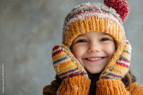 Cheerful child in winter hat and mittens smiling in a cozy indoor setting during snowy weather