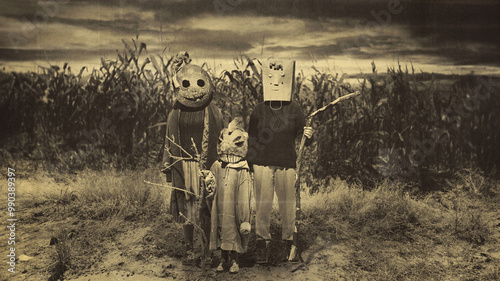 Cuadro en lienzo Three figures in creepy terrifying masks and rustic costumes standing in field against gloomy sky