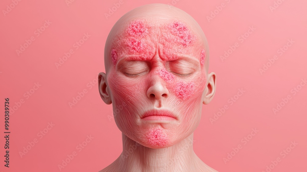 Human Face with Skin Irritation and Red Scabs Human Face with Skin Irritation and Red Scabs