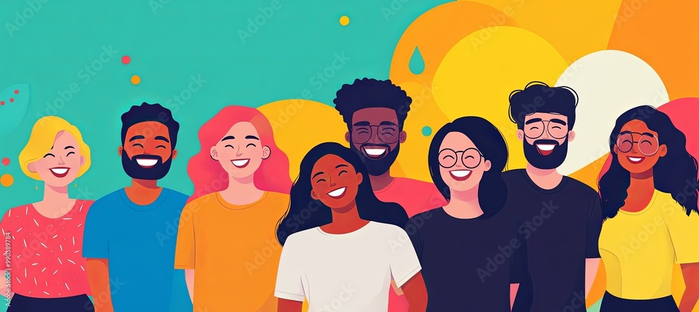 Diverse Group of Friends Smiling Together in a Vibrant and Colorful Illustration Diverse Group of Friends Smiling Together in a Vibrant and Colorful Illustration