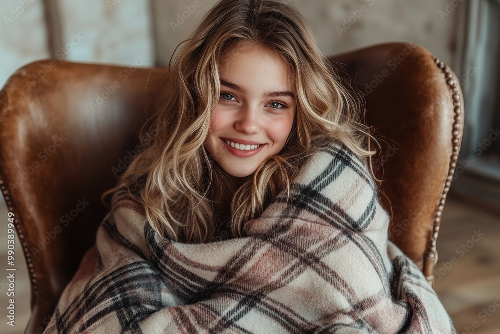 Cozy smiling girl wrapped in a warm plaid blanket sitting in a rustic chair indoors Cozy smiling girl wrapped in a warm plaid blanket sitting in a rustic chair indoors