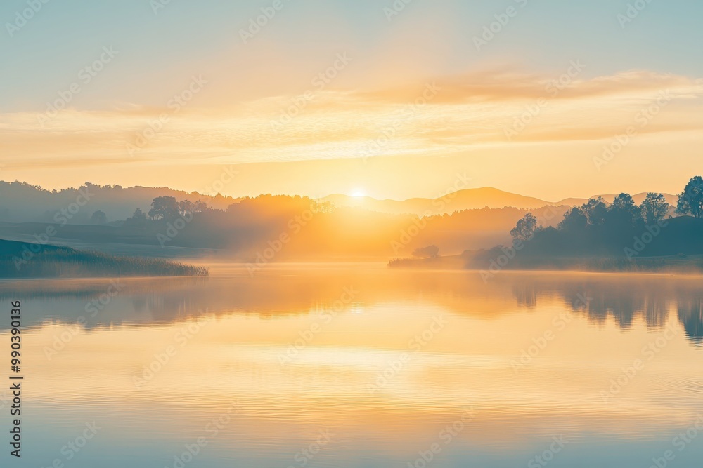 Stunning Sunrise Over a Tranquil Lake Surrounded by Scenic Hills and Trees Stunning Sunrise Over a Tranquil Lake Surrounded by Scenic Hills and Trees