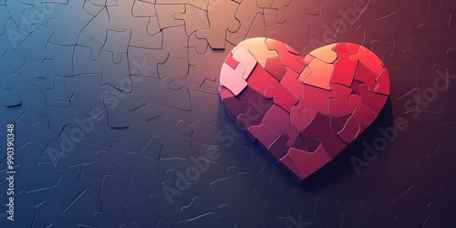 A heart shape made of colorful puzzle pieces, with scattered puzzle pieces around it.